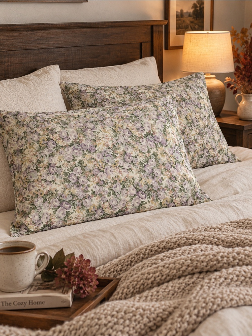 Vintage Cotton Floral Pillowcases Queen Set of 2 Cottagecore Purple Green Roses